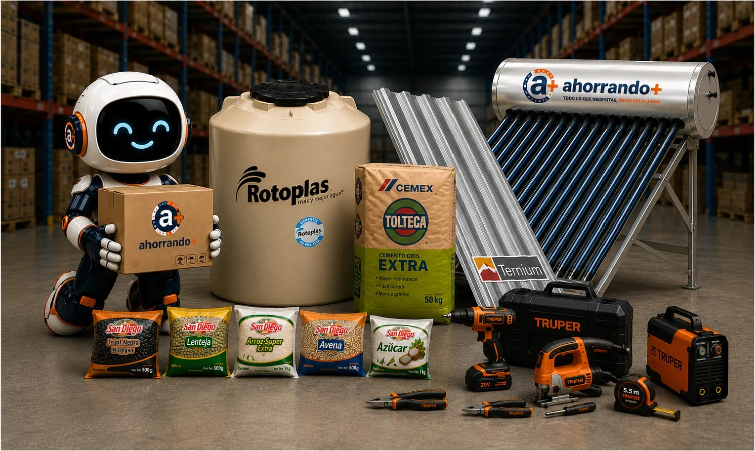 Mascota robot de AHORRANDO+ junto a un calentador solar, un tinaco y materiales de obra